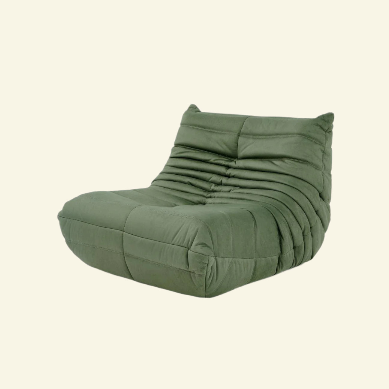 Modern Togo-inspired lounge chair in soft micro velvet suede – cozy and sculptural seating in matcha green