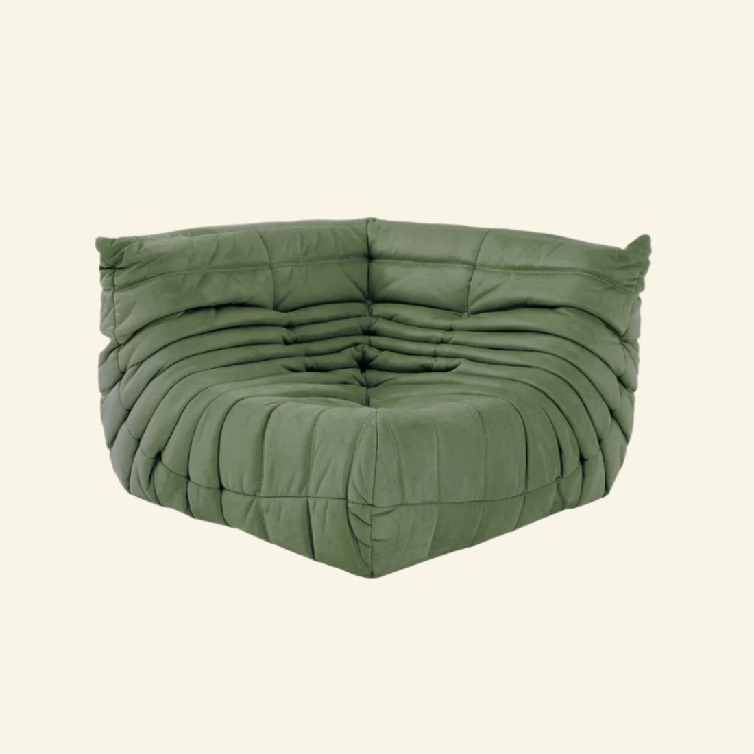 Matcha-green velvet Togo-style corner sofa  – low, frameless design with plush channel tufting