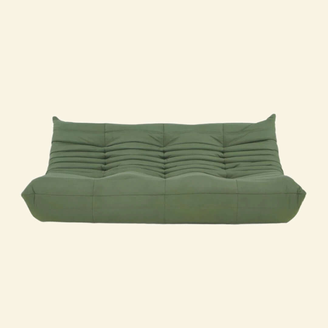 Matcha-green replica of the velvet Togo-style 3-seater sofa – low, frameless design with plush channel tufting