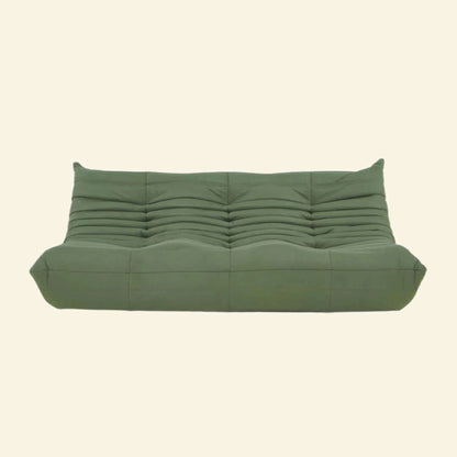 Matcha-green replica of the velvet Togo-style 3-seater sofa  – low, frameless design with plush channel tufting