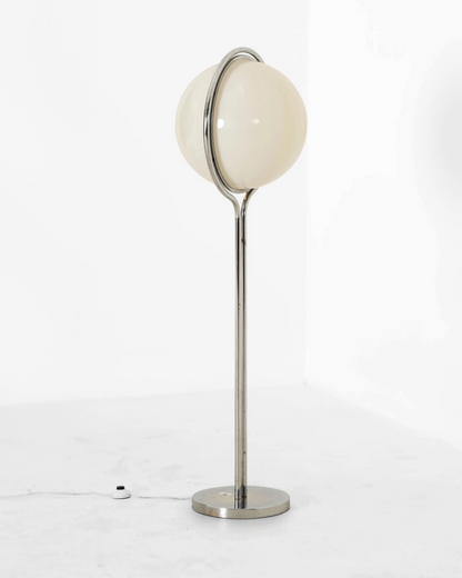 Modern retro globe floor lamp with two spherical white shades on a white background