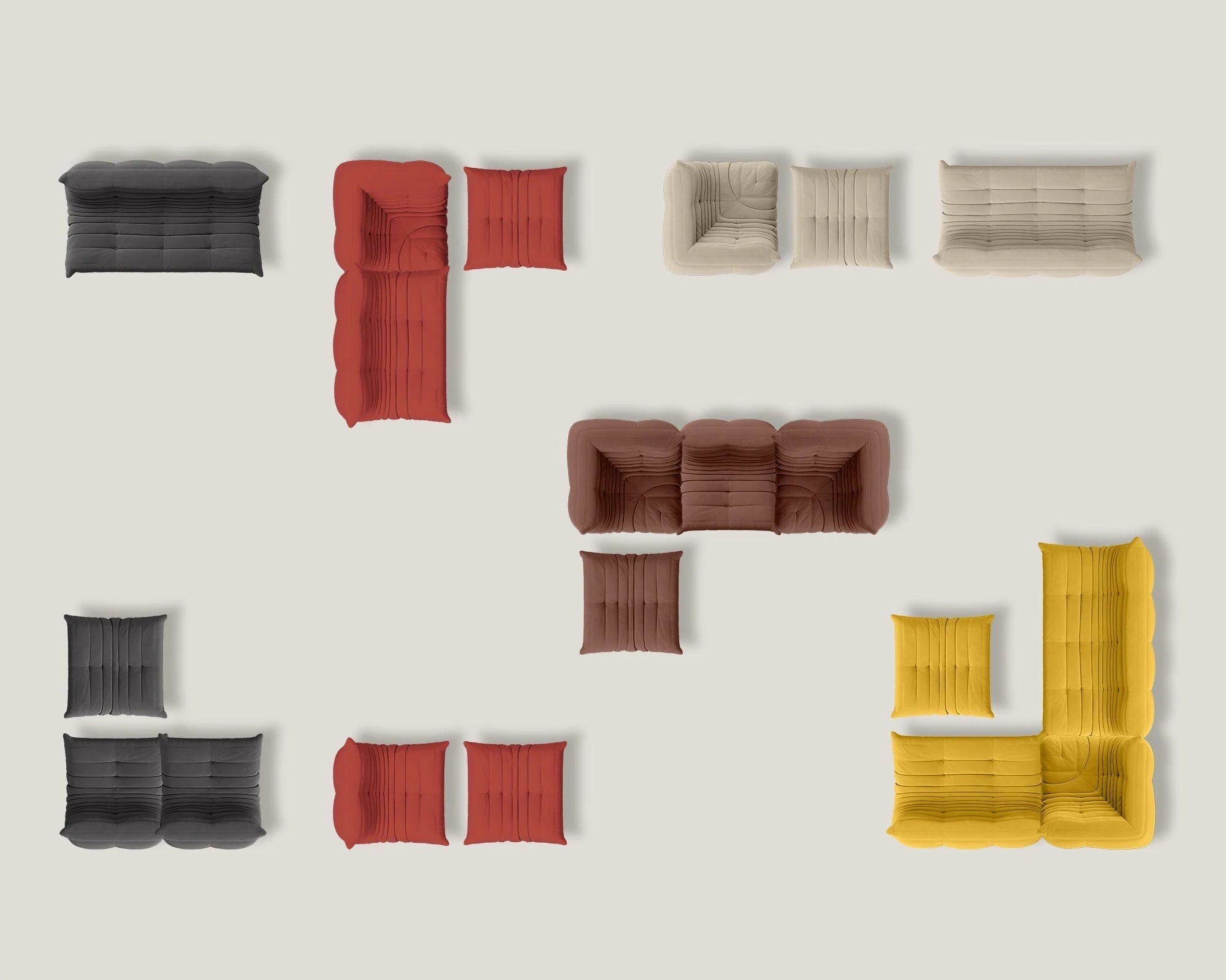 Collection of colorful modular seating arrangements on a light gray background