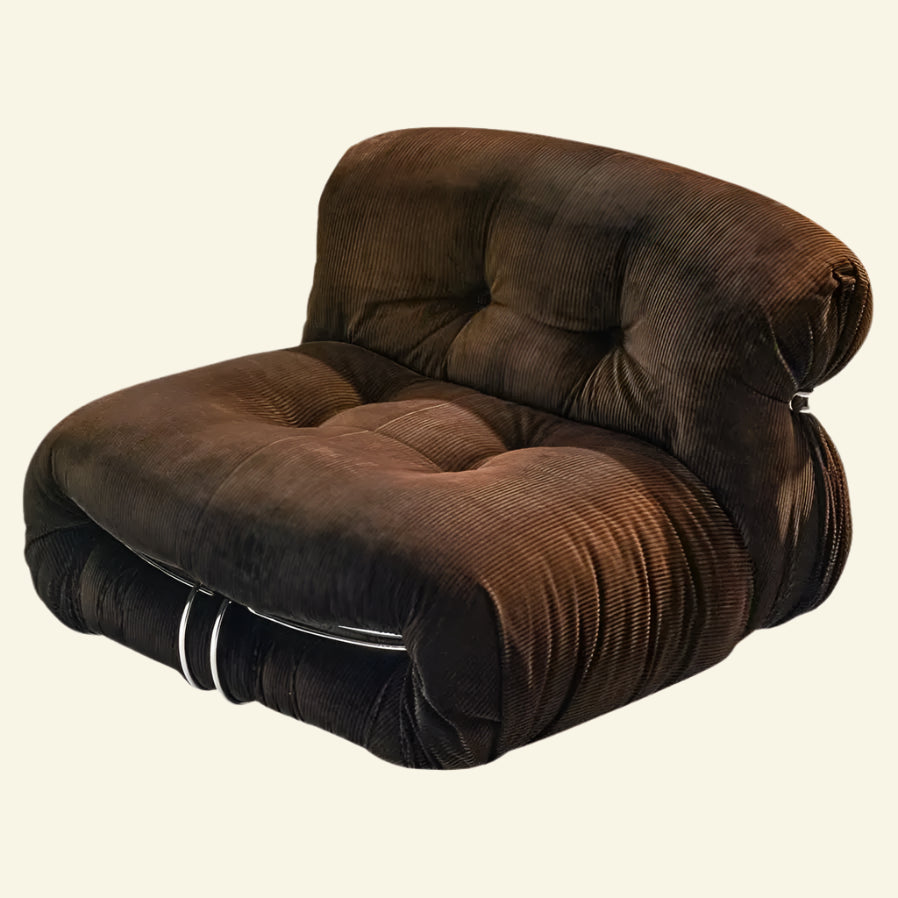 Modern Soriana-style in brown Corduroy lounge chair with chrome frame and bold silhouette, inspired by Afra &amp; Tobia Scarpa’s 1970s design