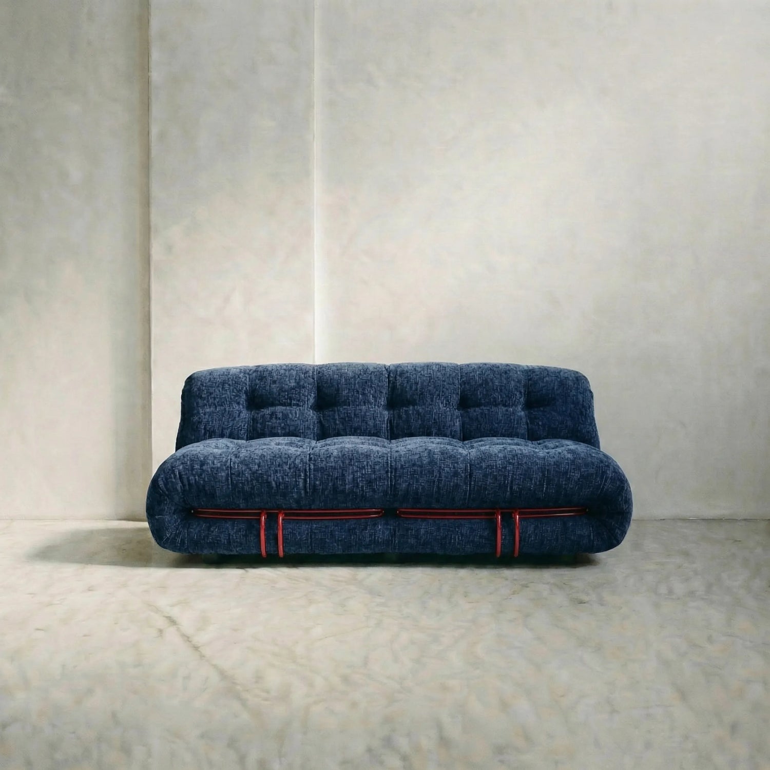 soriana sofa 2-seater dupe in blue chenille with red chrome bar angled view in studio