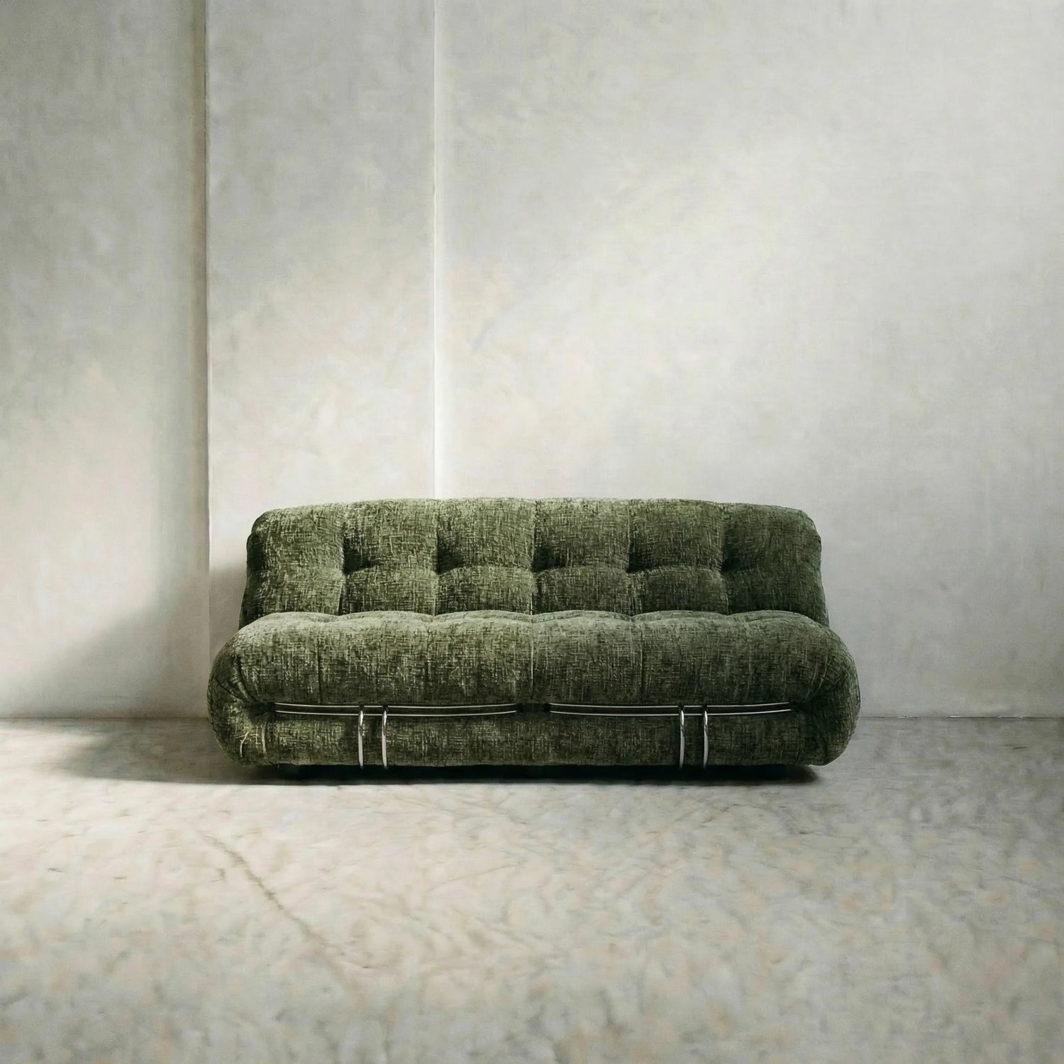 soriana sofa 2-seater dupe in green chenille on gray floor with white wall background