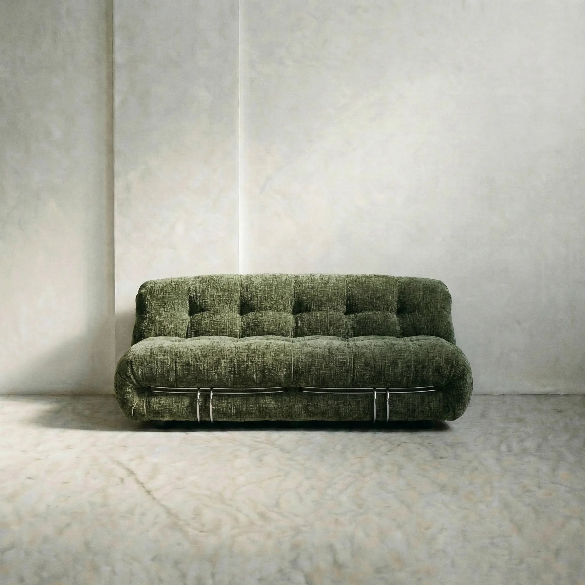 soriana sofa 2-seater dupe in green chenille on gray floor with white wall background