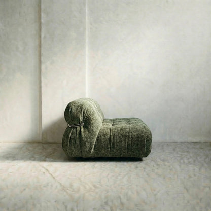 soriana sofa 2-seater dupe in green chenille close-up with chrome clamp detail on light background
