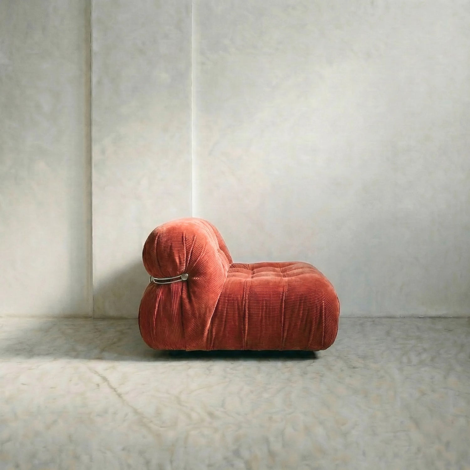 soriana sofa 2-seater dupe in terracotta corduroy on gray floor with white wall background