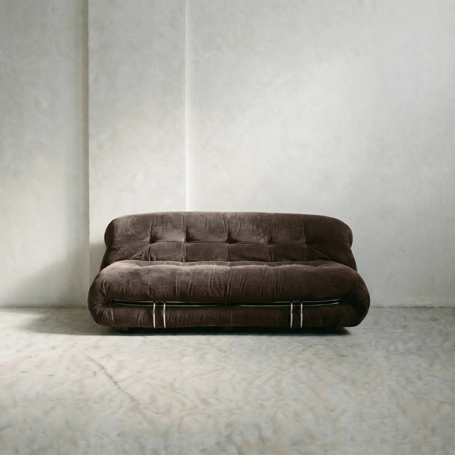 soriana sofa 2-seater dupe in chestnut corduroy close-up with chrome clamp detail on light background