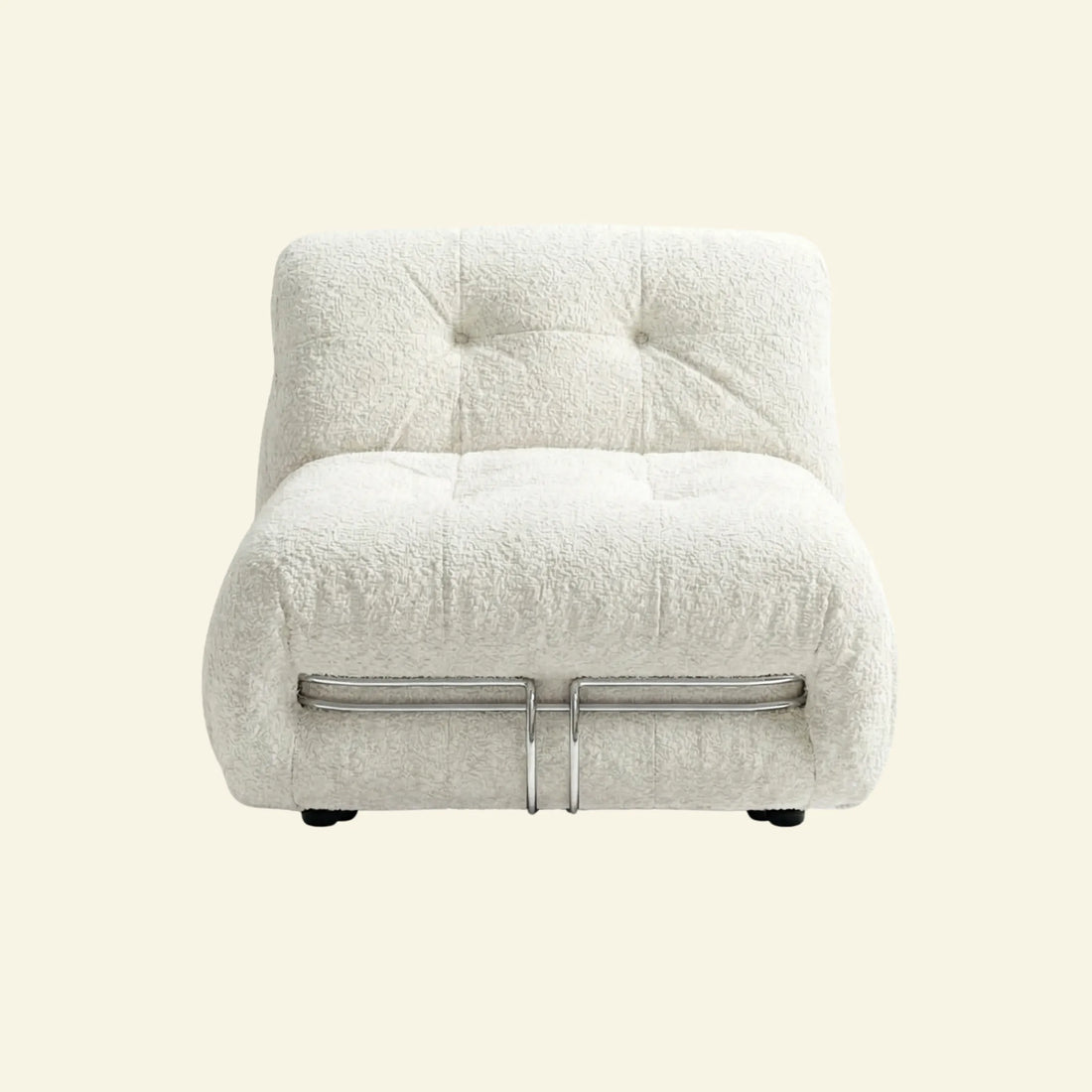 soriana chair dupe in white bouclé on beige studio background
