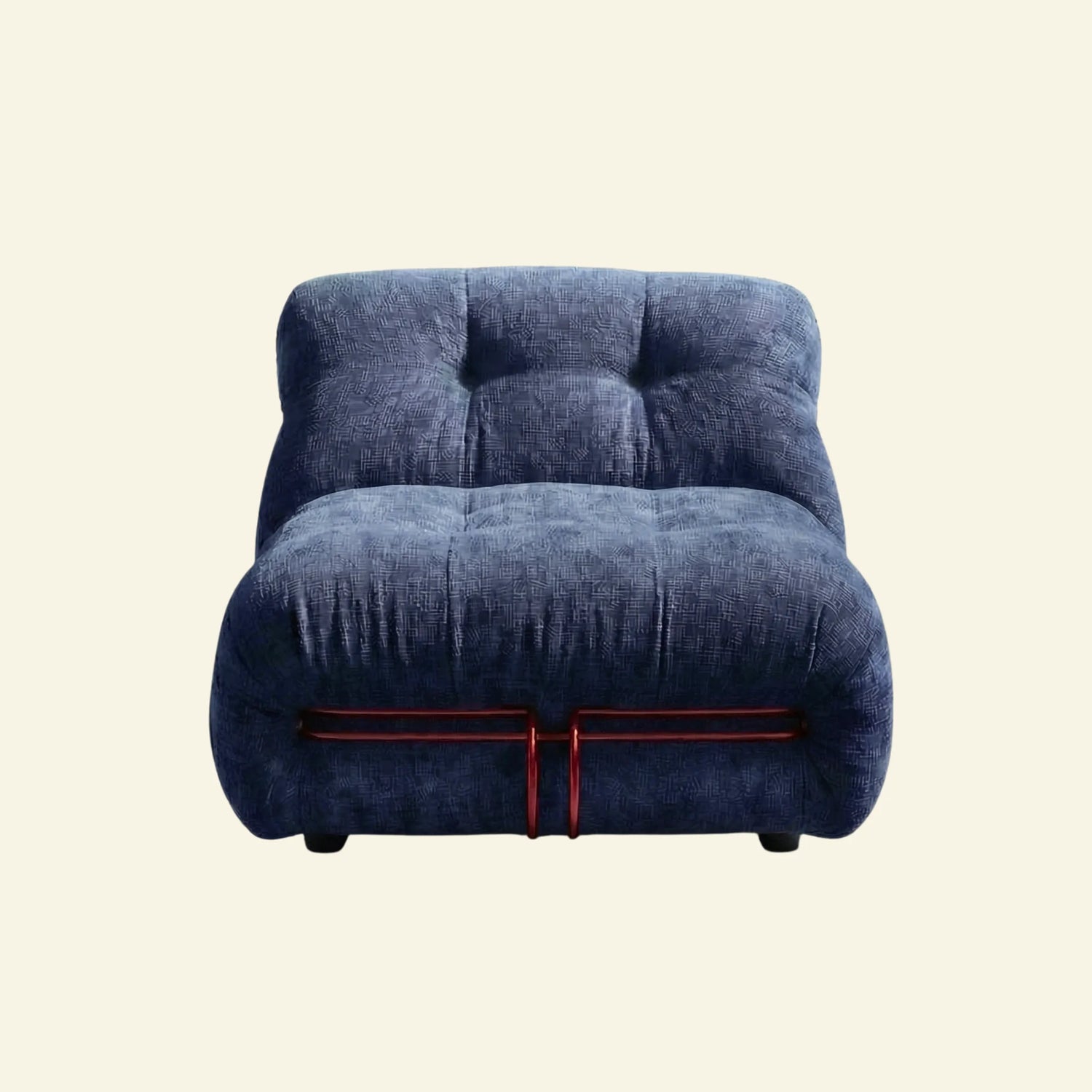 soriana chair dupe in blue chenille with red chrome bar on beige studio background