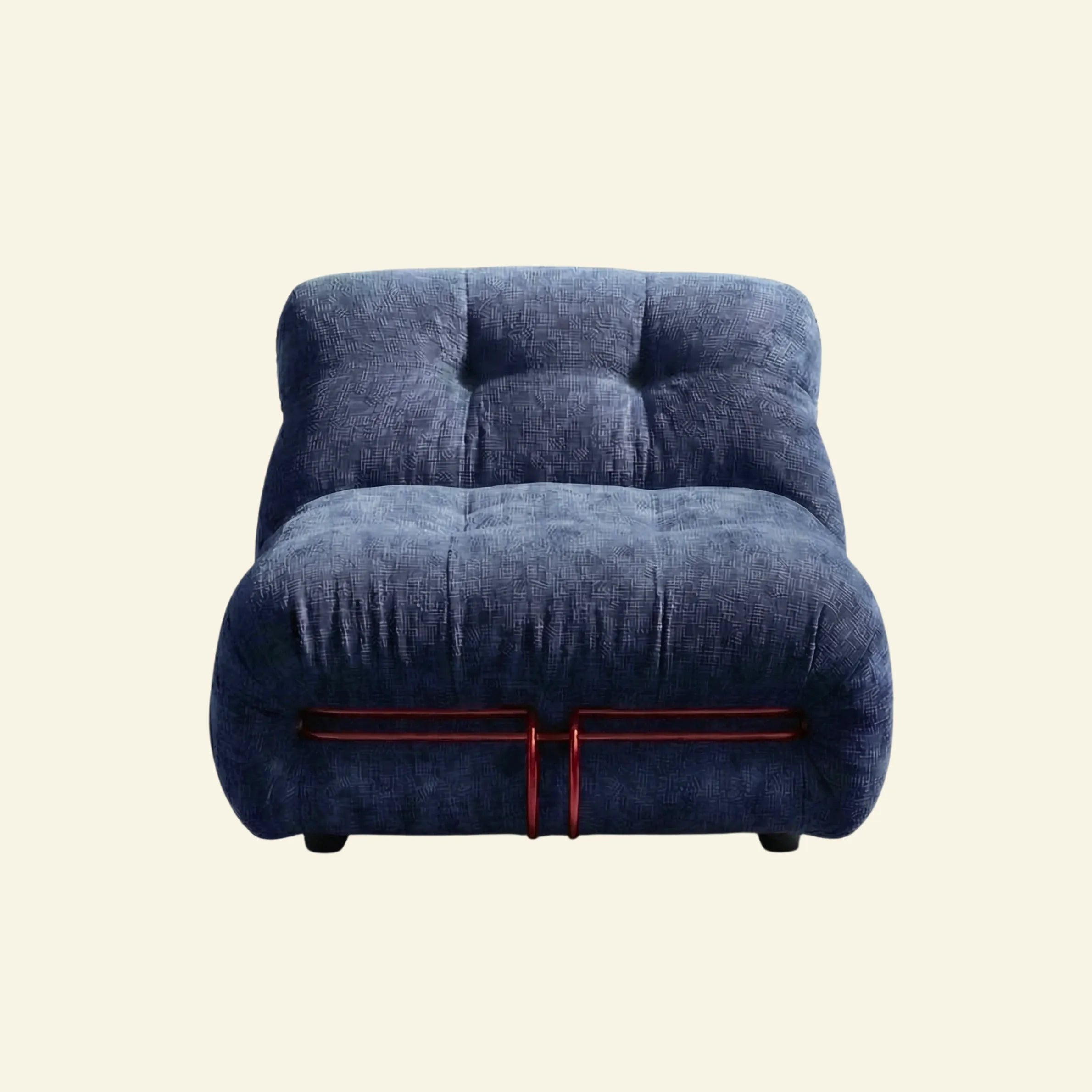 soriana chair dupe in blue chenille with red chrome bar on beige studio background