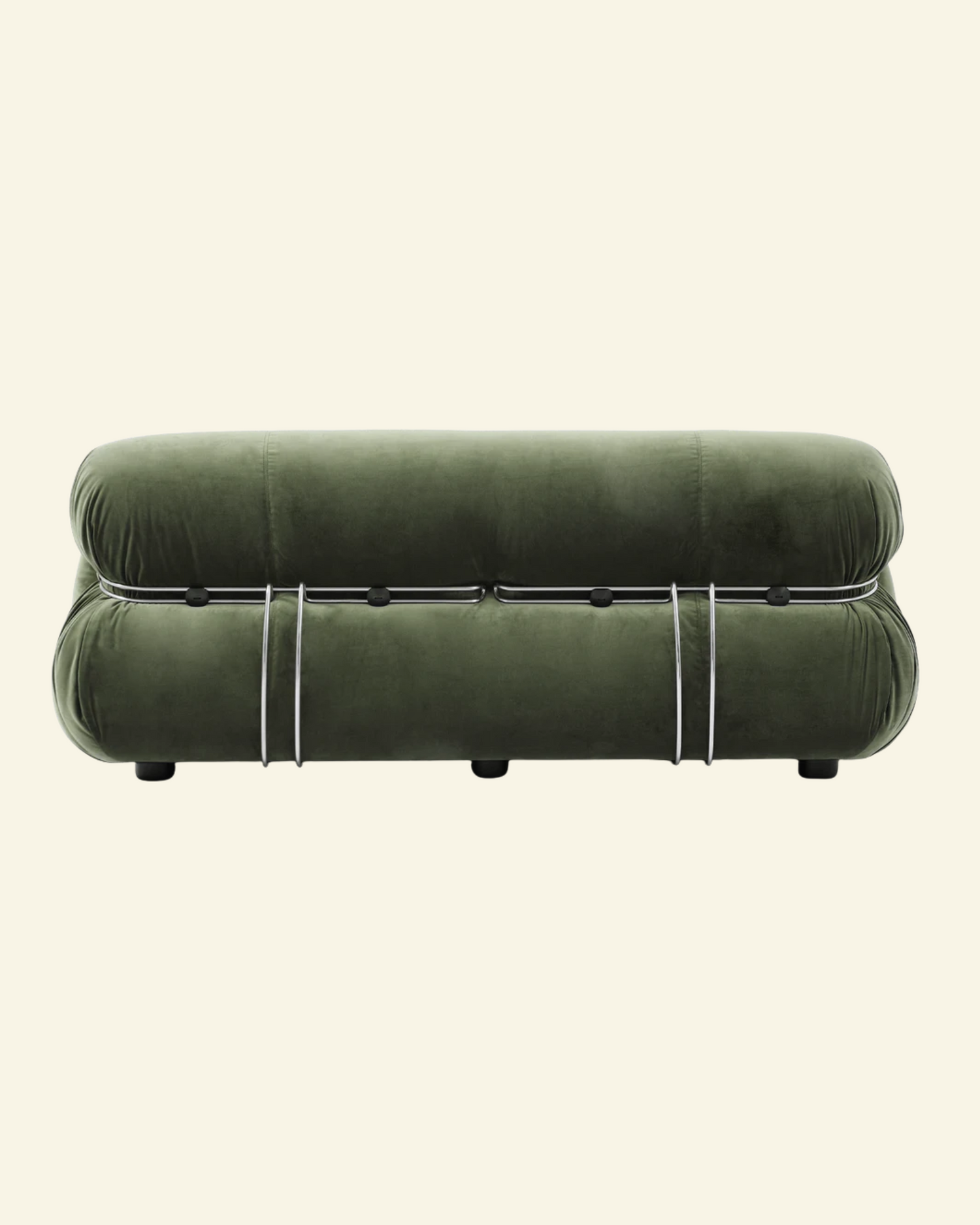Green soriana sofa 2-seater dupe with string-like design on a beige background
