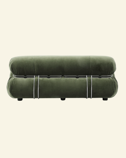 Green soriana sofa 2-seater dupe with string-like design on a beige background