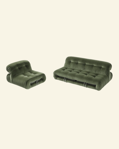 Two green modular soriana replica couches on a white background