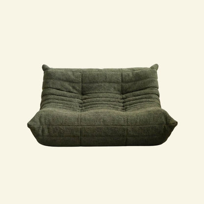 Togo 2-seater Sofa dupe in dark green bouclé with Togo silhouette designed by michael ducaroy for ligne roset – custom-made by vibehaus