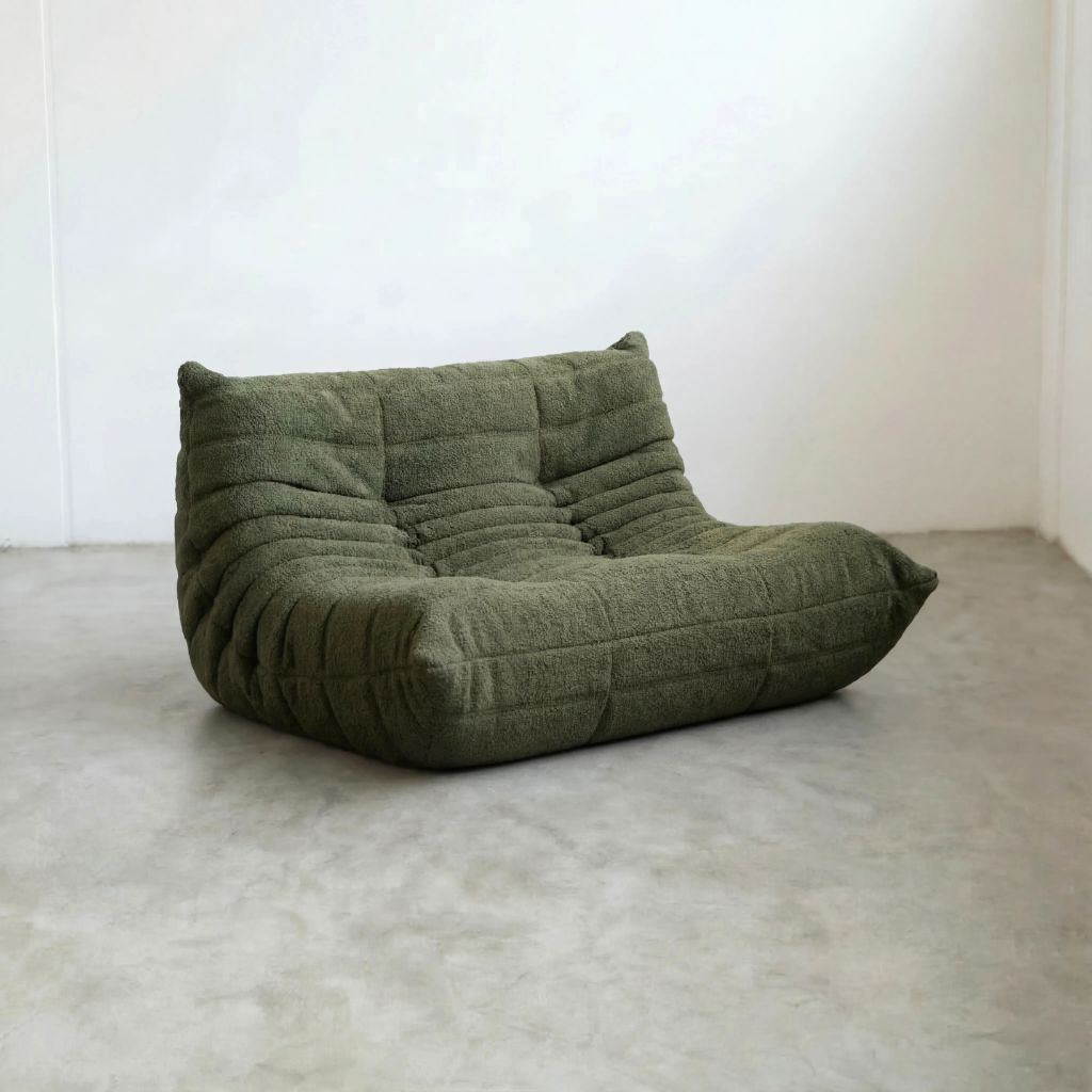 Togo 2-seater Sofa dupe in dark green bouclé with Togo silhouette designed by michael ducaroy for ligne roset – custom-made by vibehaus