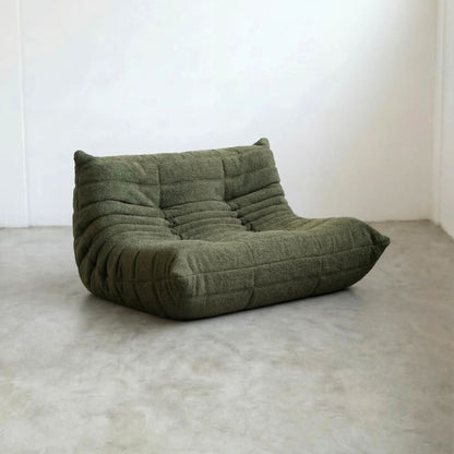 Togo 2-seater Sofa dupe in dark green bouclé with Togo silhouette designed by michael ducaroy for ligne roset – custom-made by vibehaus
