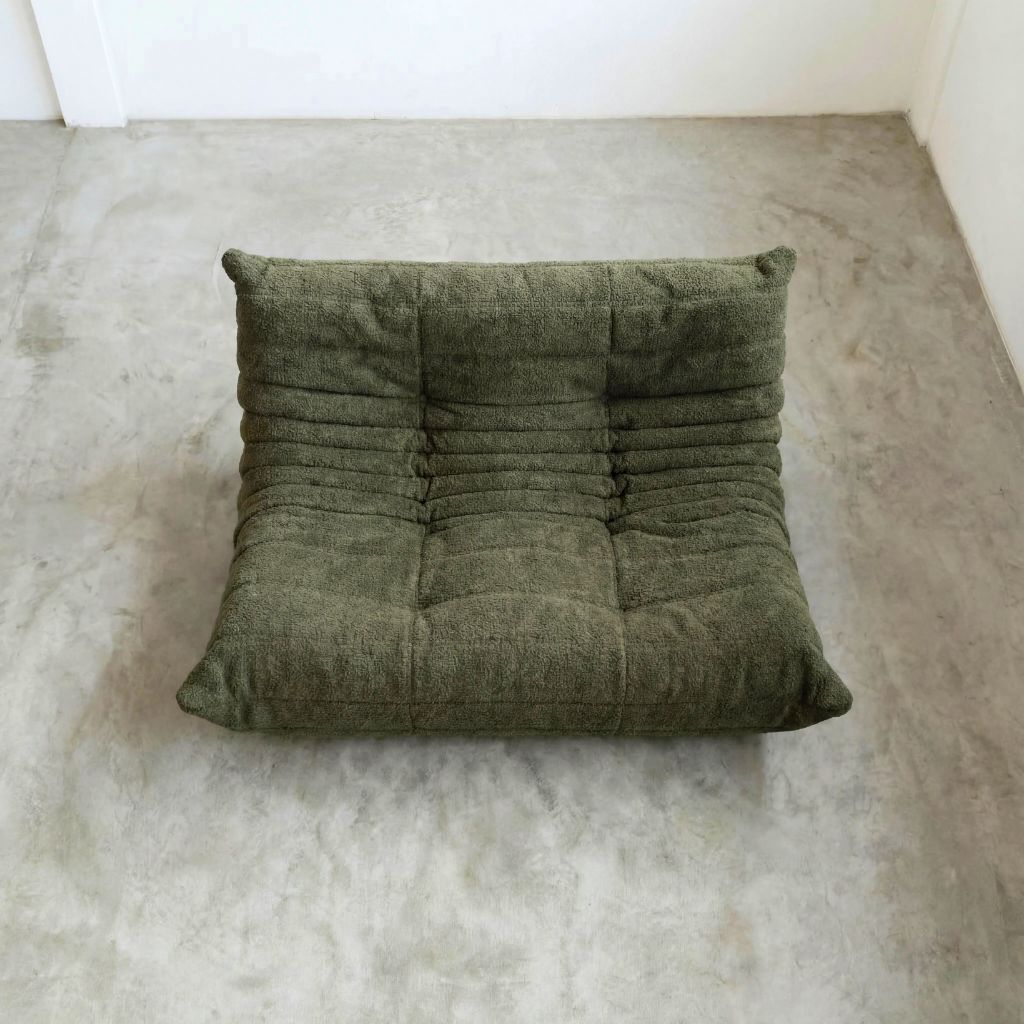 Togo 2-seater Sofa dupe in dark green bouclé with Togo silhouette designed by michael ducaroy for ligne roset – custom-made by vibehaus