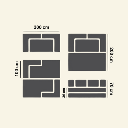 Diagram of furniture layout with dimensions on a beige background