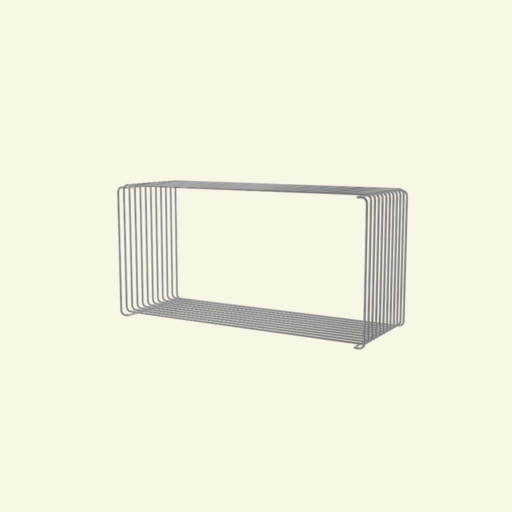 Modern wire side table extended made of chrome, shown on a minimalist beige background. Stackable cube design with clean geometric lines.