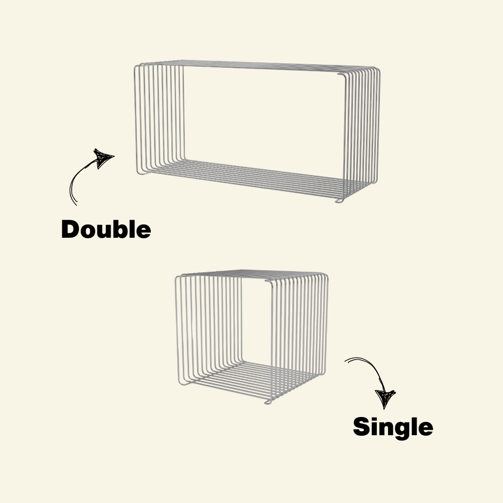 Modern wire side table extended made of chrome, shown on a minimalist beige background. Stackable cube design with clean geometric lines.