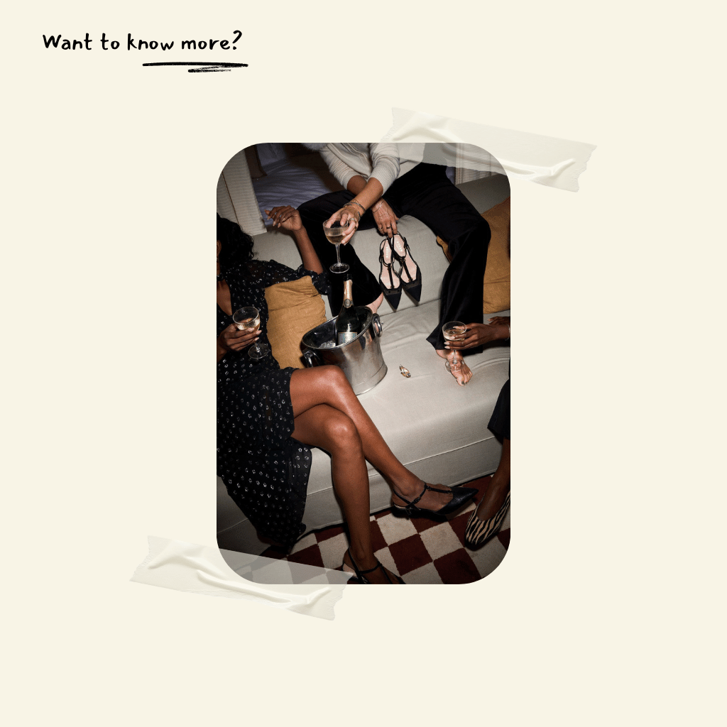 People sitting around a table with drinks, text 'Want to know more?' at the top.