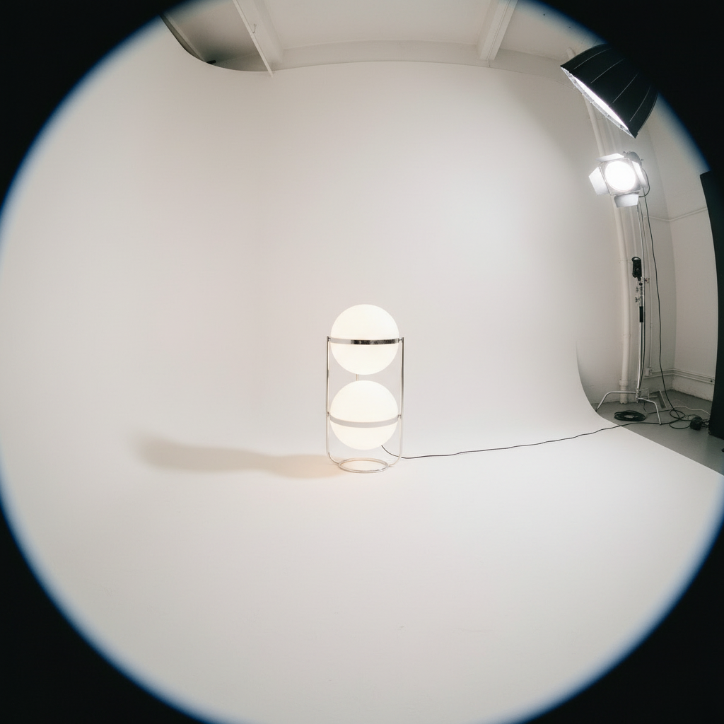 Studio setup with the Zuru globe floor lamp dupe by vibehaus and white backdrop