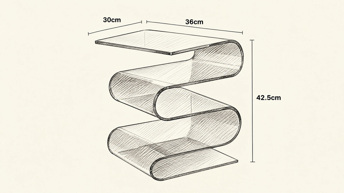 
Acrílico S Shaped Side Table hand-drawn dimensions sketch with listed measurements