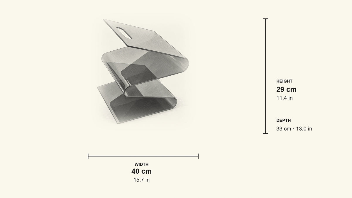 
Pencil dimension sketch of Akryl Wave Magazine Rack with measurements in centimetres och inches