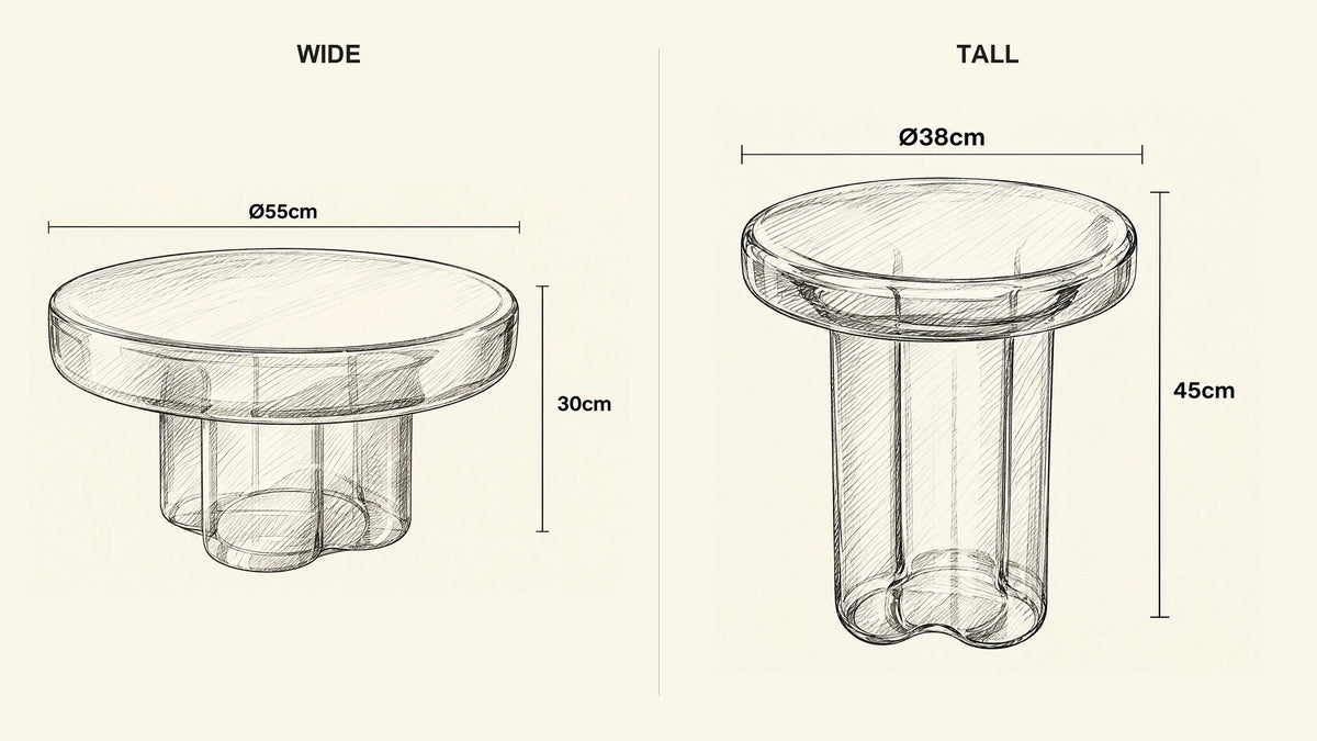 
Amber Glass Side Table hand-drawn dimensions sketch with listed measurements
