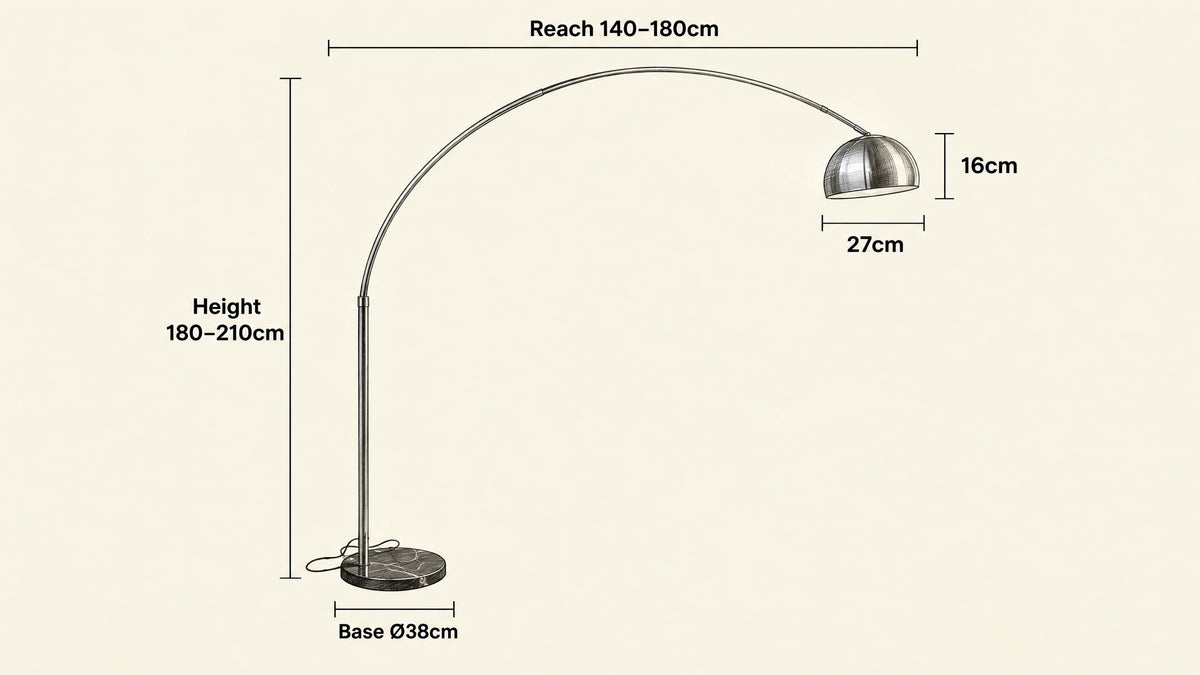 
Aura Arc Floor Lamp hand-drawn dimensions sketch with listed measurements
