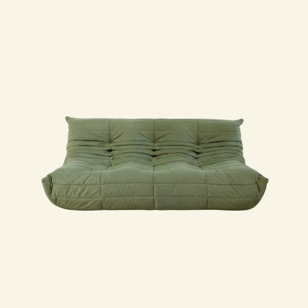 Bruma sofa 3-seater in green velvet suede by vibehaus on beige background