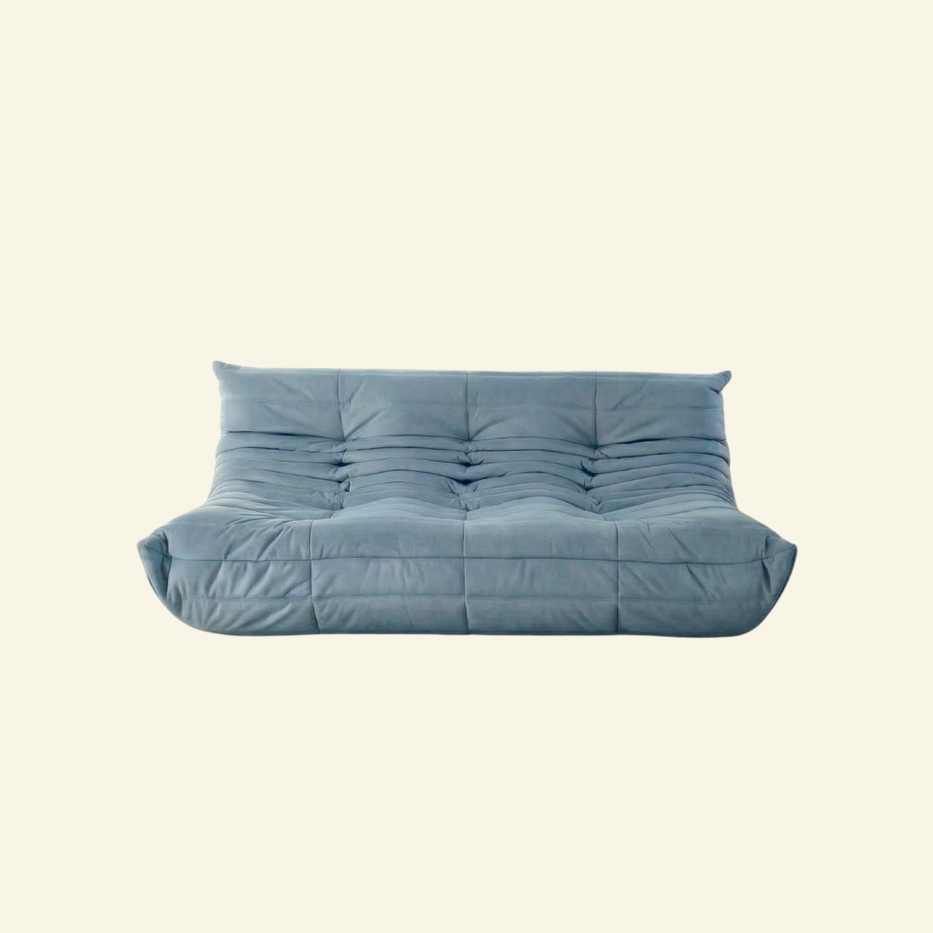 Bruma sofa 3-seater in light blue velvet suede by vibehaus on beige background