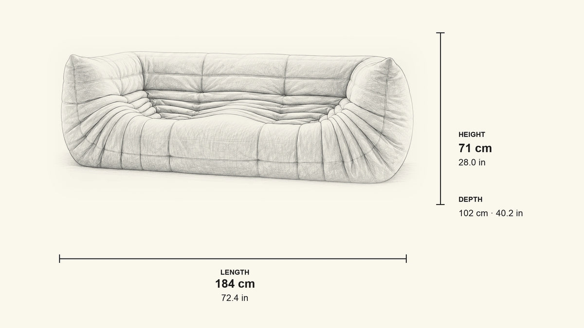 
Pencil dimension sketch of Bruma Armrest Sofa with measurements in centimetres and inches