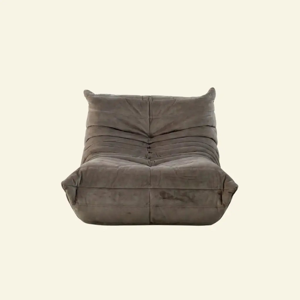 Bruma Chair in taupe color made from velvet suede by vibehaus, on beige background