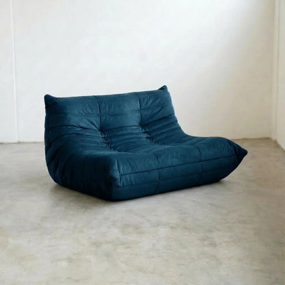 Bruma 2-seater Sofa in dark blue velvet suede with Bruma silhouette – custom-made by vibehaus