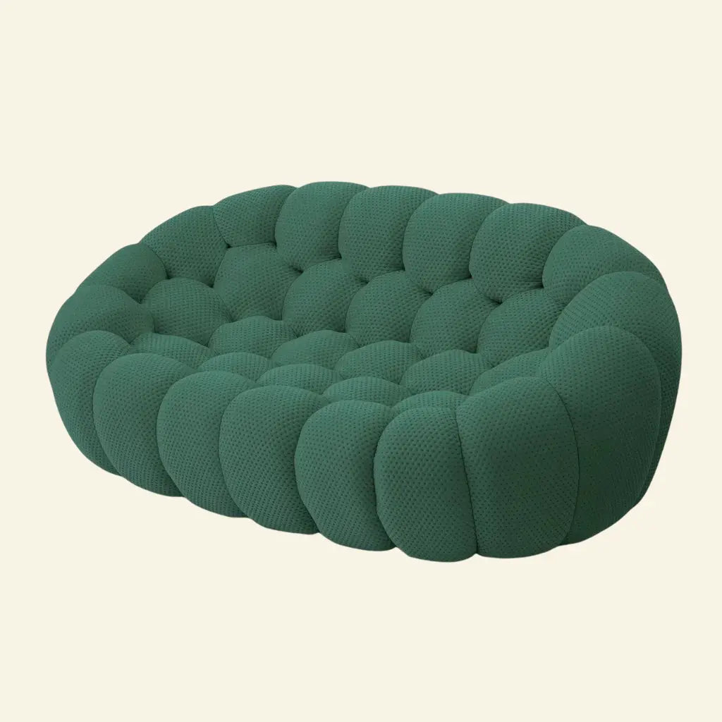 a green bubble sofa 2-seater replica dupe inspired by roche bobois on beige background