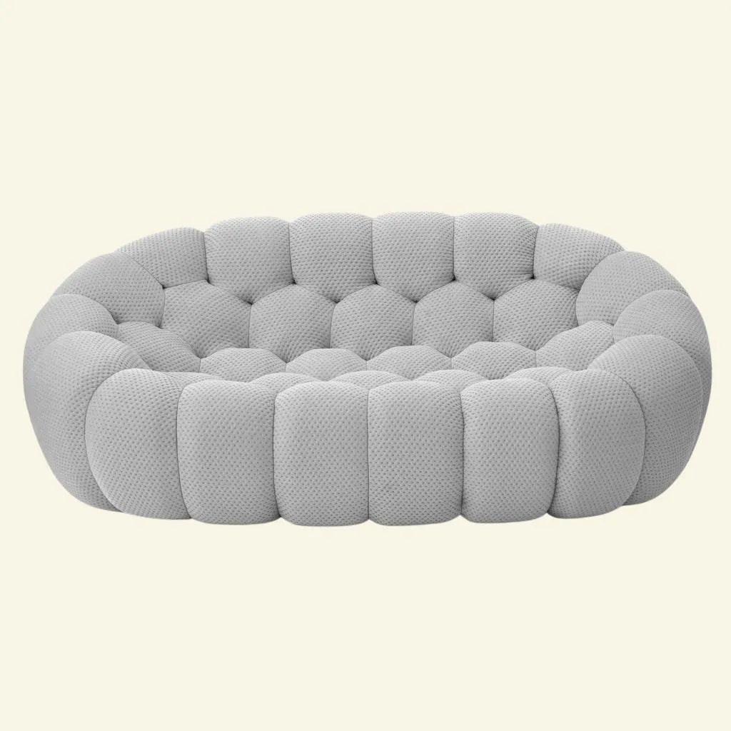 bubble loveseat sofa replica in grey with 3D fabric by vibehaus on beige background