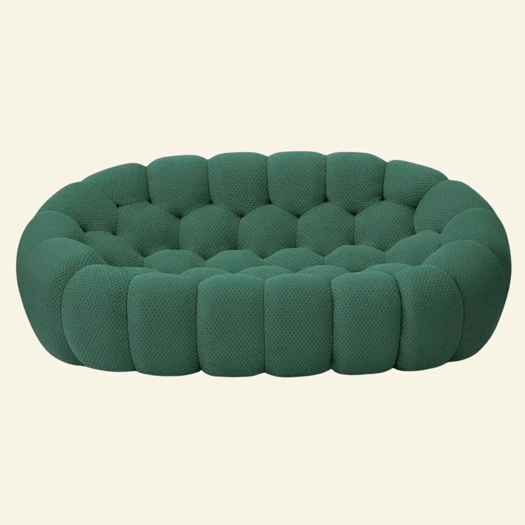 a green bubble sofa 2-seater replica dupe inspired by roche bobois on beige background
