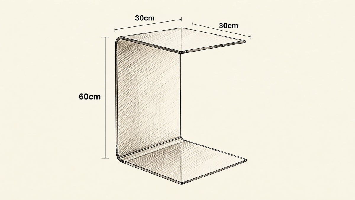 
C-Shaped Akryl Side Table hand-drawn dimensions sketch with listed measurements