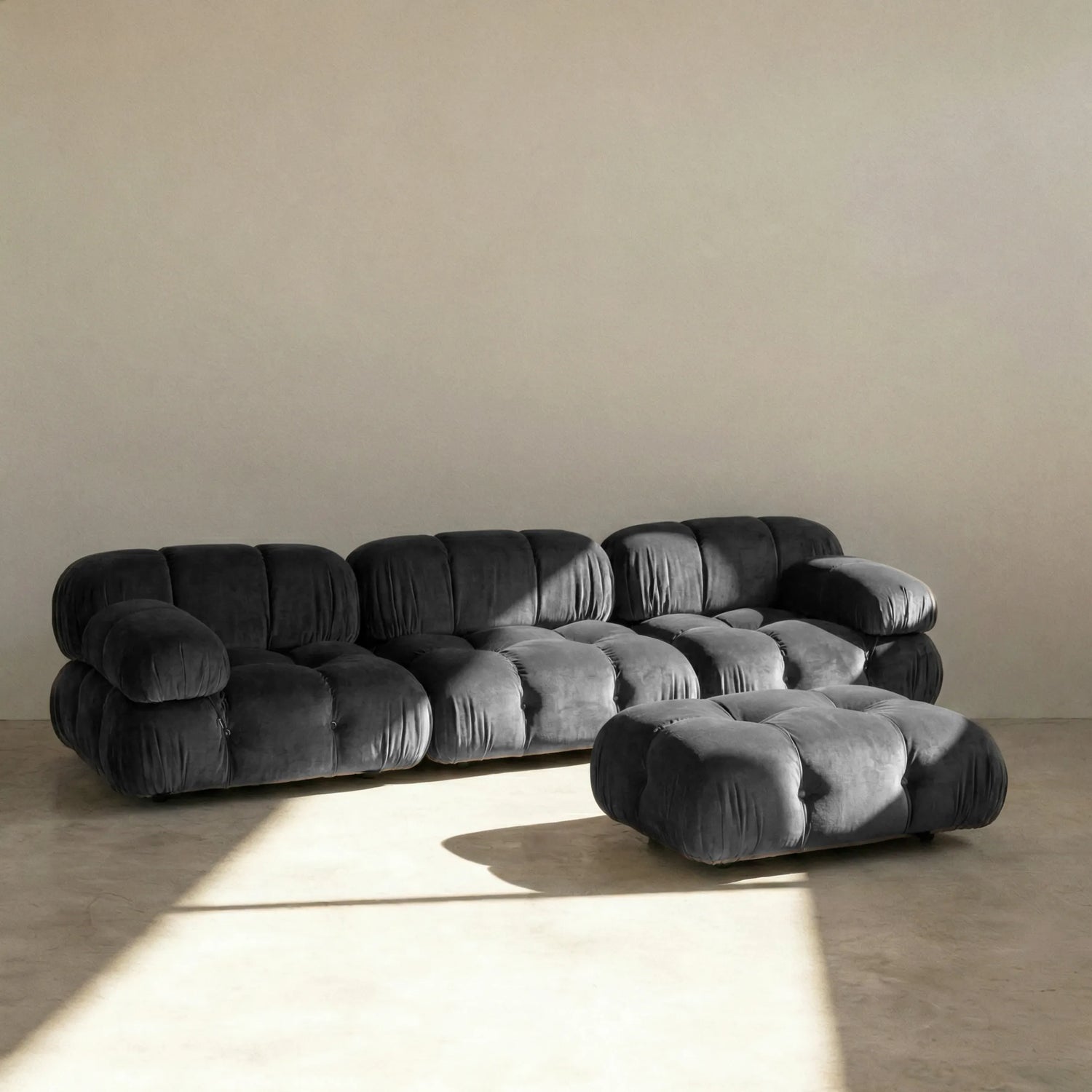 Camaleonda Sofa Set dupe including ottoman in dark grey velvet on concrete floor by vibehaus