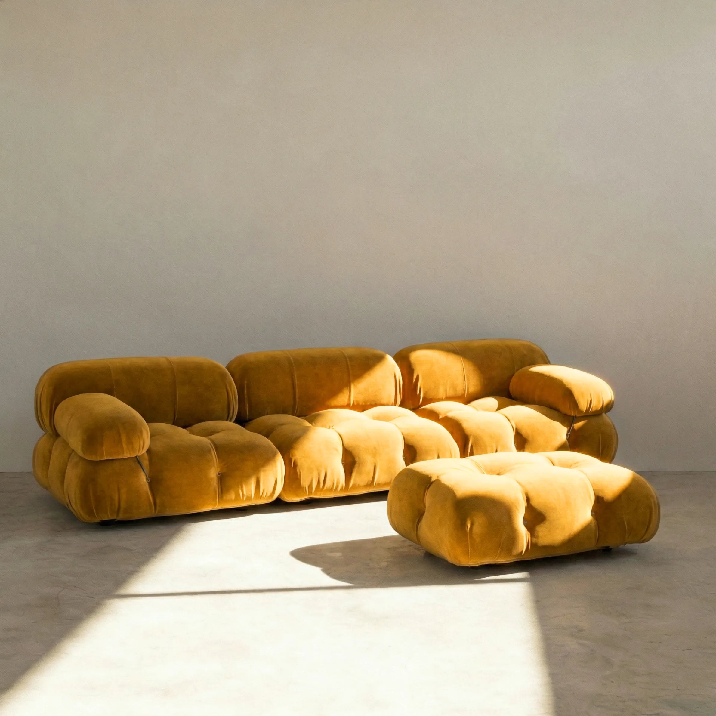 Camaleonda Sofa Set dupe including ottoman in mustard velvet on concrete floor by vibehaus