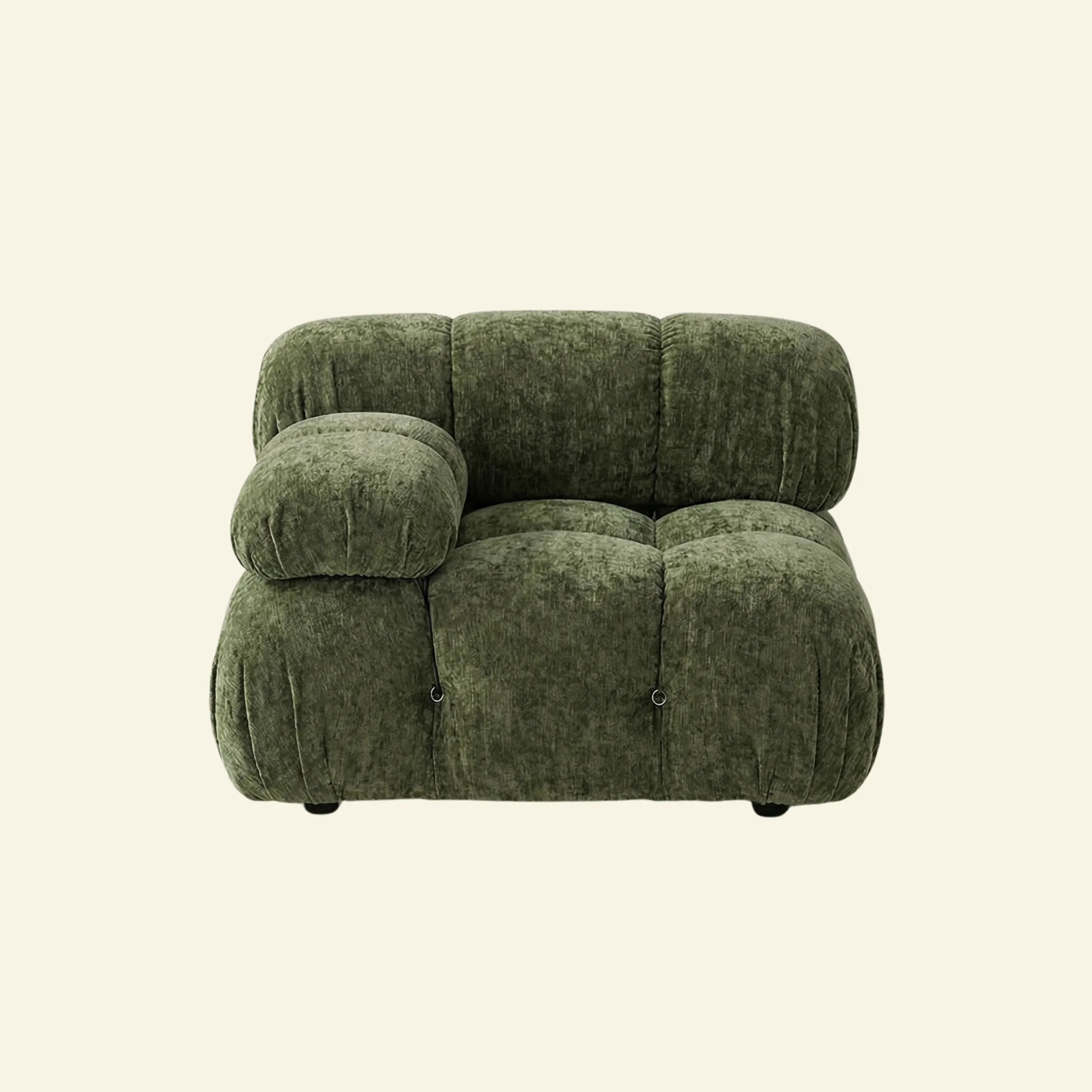 Camaleonda modular sofa section alternative with right armrest in green chenille on beige background