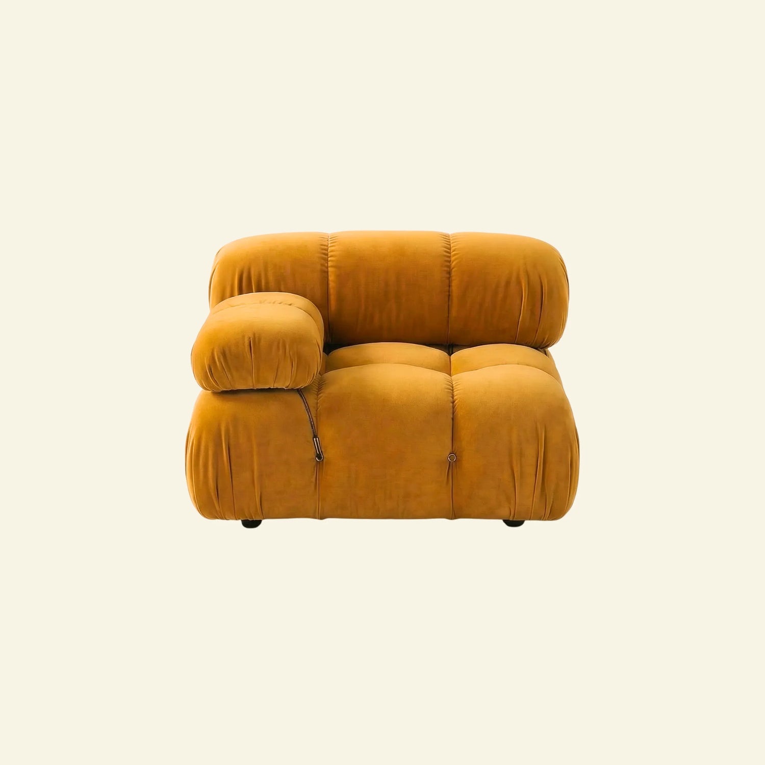 Camaleonda modular sofa section alternative with right armrest in mustard yellow velvet on beige background