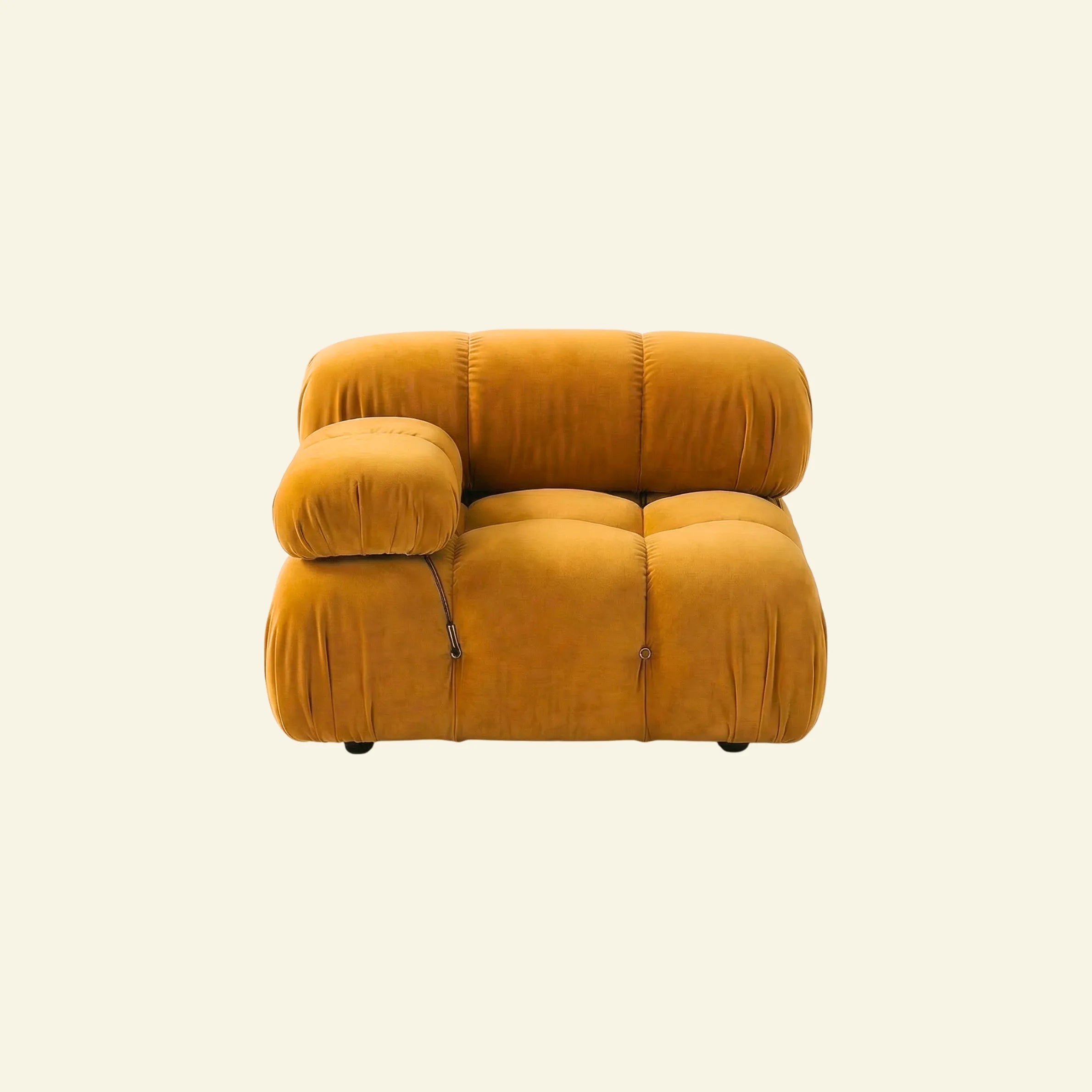 Camaleonda modular sofa section alternative with right armrest in mustard yellow velvet on beige background