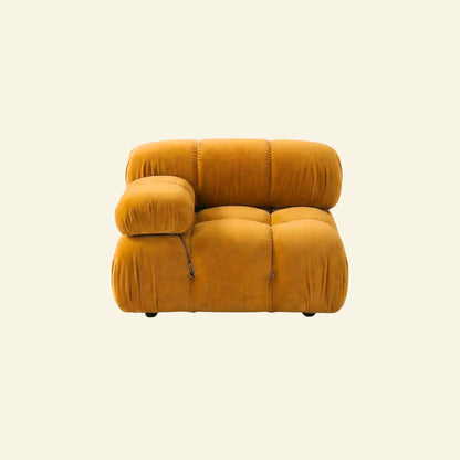 Camaleonda modular sofa section alternative with right armrest in mustard yellow velvet on beige background