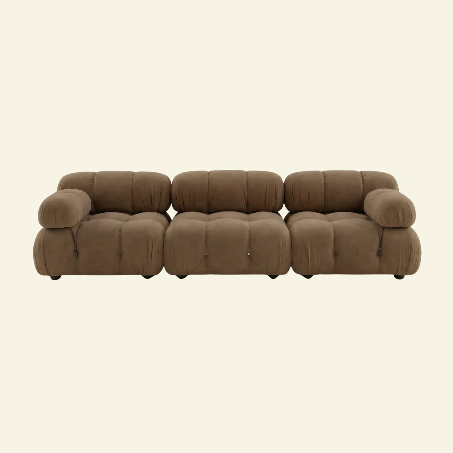 Camaleonda 3 seater modular sofa dupe in brown velvet with tufted upholstery on a beige background