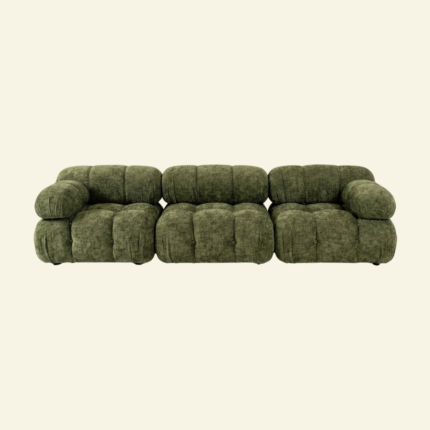 Camaleonda 3 seater modular sofa dupe in green chenille with tufted upholstery on a beige background