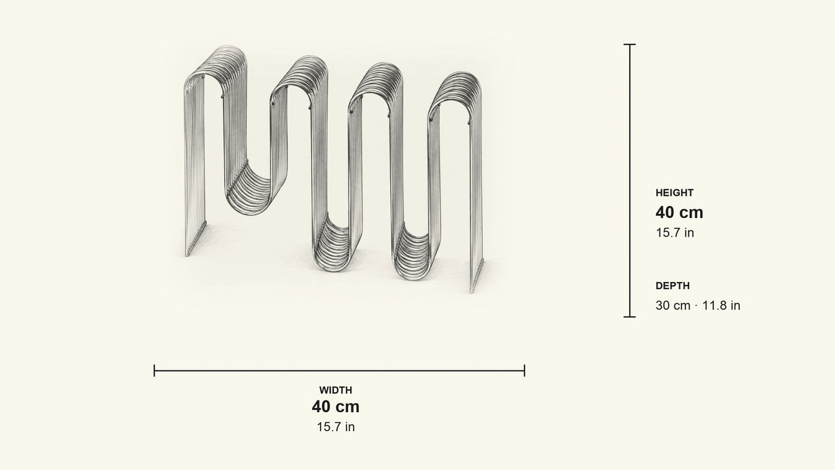 
Pencil dimension sketch of Chrome Curved Magazine Rack with measurements in centimetres och inches